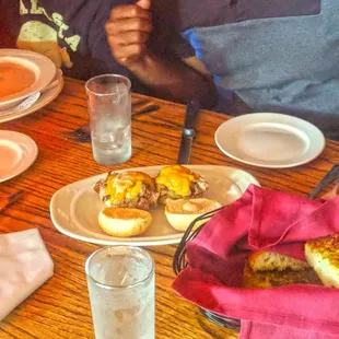 Mushroom bisque $8 and  Prime rib sliders $10