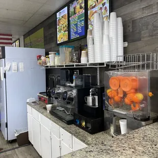 a counter with a variety of food items