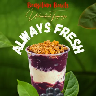 Organic brazilian acai 
Fresh and healthy 
Gluten free and dairy free options
Organic and local ingredients whenever available