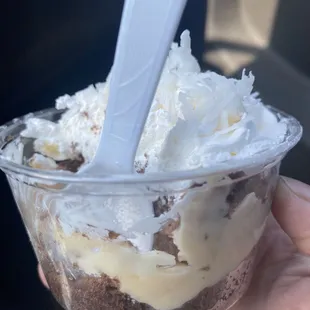 Yumminess in a cup! Chocolate, whipped cream, chocolate cake and white ganache!