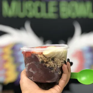 Medium classic Acai bowl! The base is Acai, then granola and topped with bananas and strawberries. Great for breakfast, lunch, or a snack.