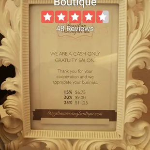 Gratuities are cash only.