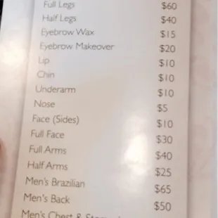 The price list: who knew men&apos;s Brazilian was a thing!