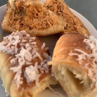 Inside of the chicken coxinha and the cheese roll
