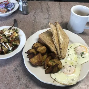 Toast, eggs, potatoes, hash, &amp; coffee