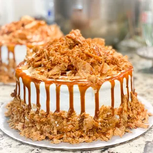 two cakes with caramel drizzle