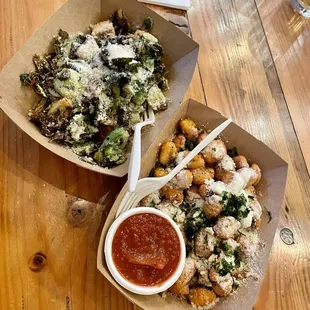 Brussel sprouts Cesar salad, Gnocchi Tots