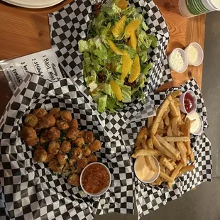 Seasonal Salad, Garlic Fries and the awesome Gnocchi Tots!