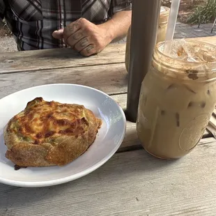 Potato and Leek pasty and iced coffee
