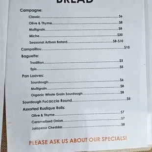 Sunday Farmer's Market Bread Artisan Bakery menu (2 of 3). 2/25/2024