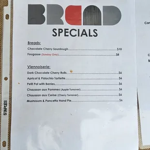 Sunday Farmer's Market Bread Artisan Bakery Specials menu (3 of 3). 2/25/2024