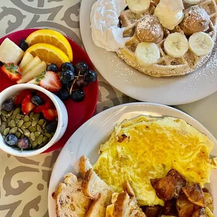 Chia Pudding with Berries and Seeds Fresh Fruit Belgium Waffle with bananas, honey, and peanut butter  Breakfast Combo