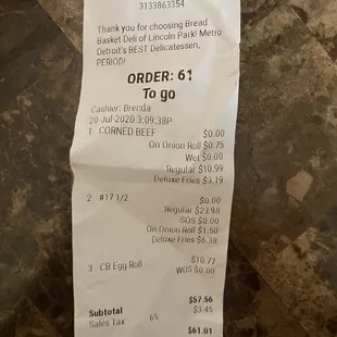 a receipt for a sandwich