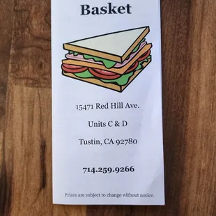 Bread Basket takeout menu