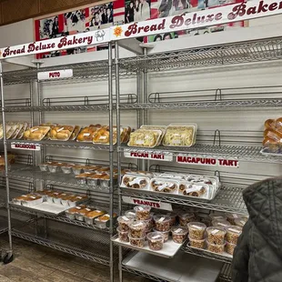 shelves of baked goods in a bakery