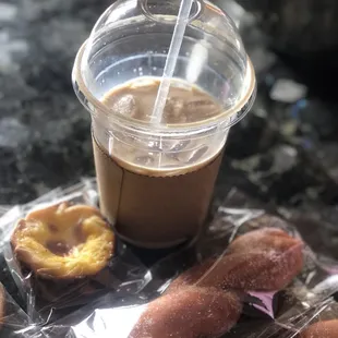 Twisted donut, egg tart and iced milk tea