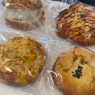 Corn/cheese bread, Sausage bread, &amp; Red bean pasteries.