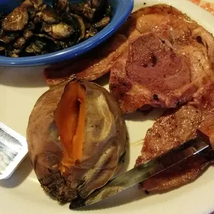 Country ham with sweet potatoes  and  mushrooms