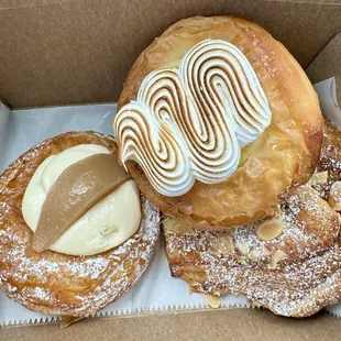 Pear Danish, Lemon Meringue Danish, Chocolate Almond Croissant