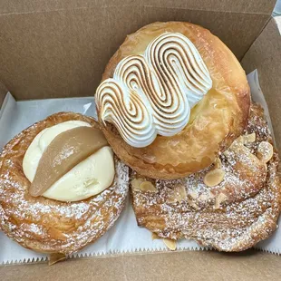 Pear Danish, Lemon Meringue Danish, Chocolate Almond Croissant