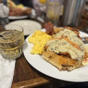 Fried Chicken &amp; Waffles Breakfast with added scrambled eggs