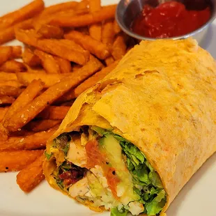 California wrap is grilled chicken breast, bacon, Avocado, tomato slices, greens.