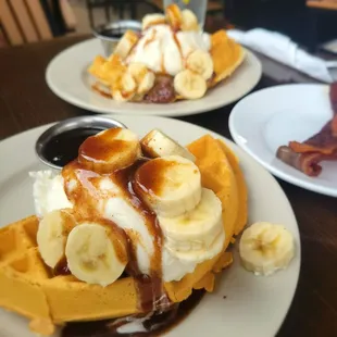 Banana fosters waffles with Jalapeño bacon
