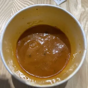 Tomato basil soup. Warm and yummy.