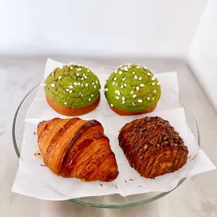 Kaya bun, plain croissant, chocolate croissant