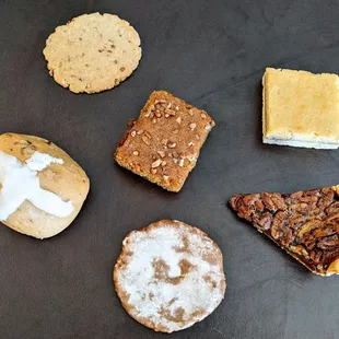 04/08/22 Bourbon Pecan Pie, Lebkuchen, Pecan Shortbread, Almond Square, Sweet Potato Bar, Hot Cross Buns