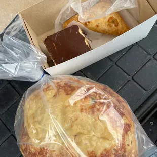 Parmesan onion bread, apple turnover and a buckeye brownie.