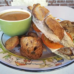 Soup &amp; sandwich on baguette.