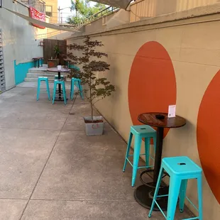 Outdoor patio seating - downstairs, socially distanced.