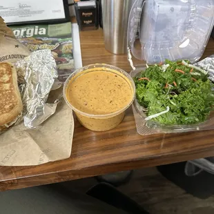 Tomato Basil Bisque Soup, Kale Salad, Grilled Chicken Pesto Panini Sandwich