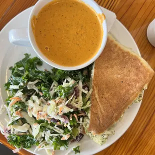 Tomato basil soup, kale salad, chicken pesto panini.