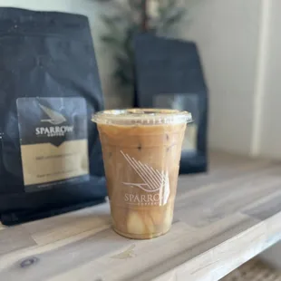 Iced caramel praline latte with almond milk