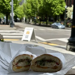 two halves of a sandwich on a table