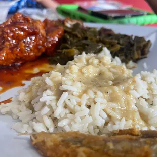 Honey hot chicken, collards and rice