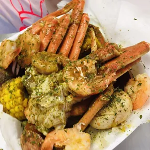 Beautiful crab boil plate with nothing but mouth watering deliciousness