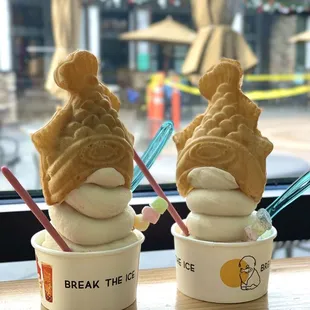 Taiyaki with Horchata ice cream, one with red bean filling and the other with green tea custard