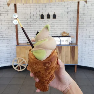 Matcha and Earl Grey swirled soft-serve taiyaki with red bean filling