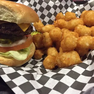 Cheese Burger and tater tots