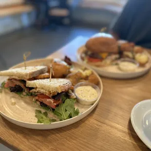 Mediterranean sando (front), burger (back)