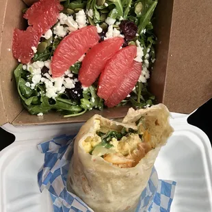 Mimosa salad &amp; breakfast burrito with a flavorful, chewy tortilla.