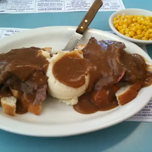 The way an open-faced roast beef sammy should be! With a sensible corn side!