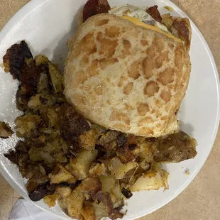 Bacon Breakfast Sandwich and homefries