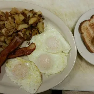 Our Sunday special! 3 eggs, 2 sausage links, 2 strips bacon, home fries and toast only $6.50 all day!