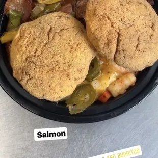 Salmon Bowl added bacon