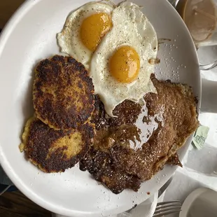 Original griddle cakes and chickpea &quot;sausage.&quot;