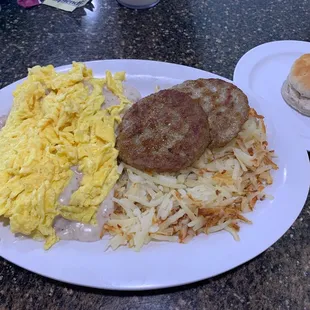 sausage, eggs, hash browns and biscuits